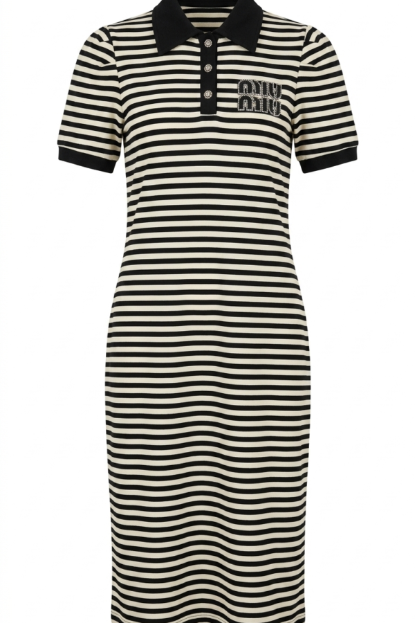 Women's Striped Polo Collar Midi Dress with Embellished Logo