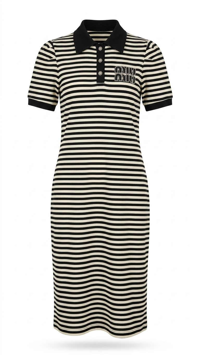 Women's Striped Polo Collar Midi Dress with Embellished Logo