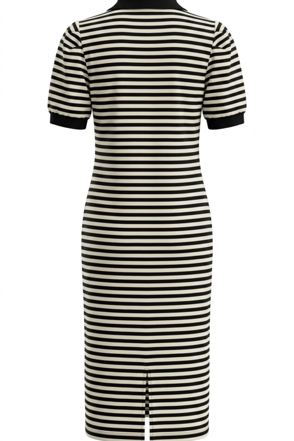 Women's Striped Polo Collar Midi Dress with Embellished Logo