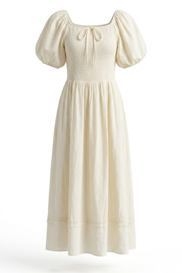 Women's Off-White Smocked Puff-Sleeve Midi Dress