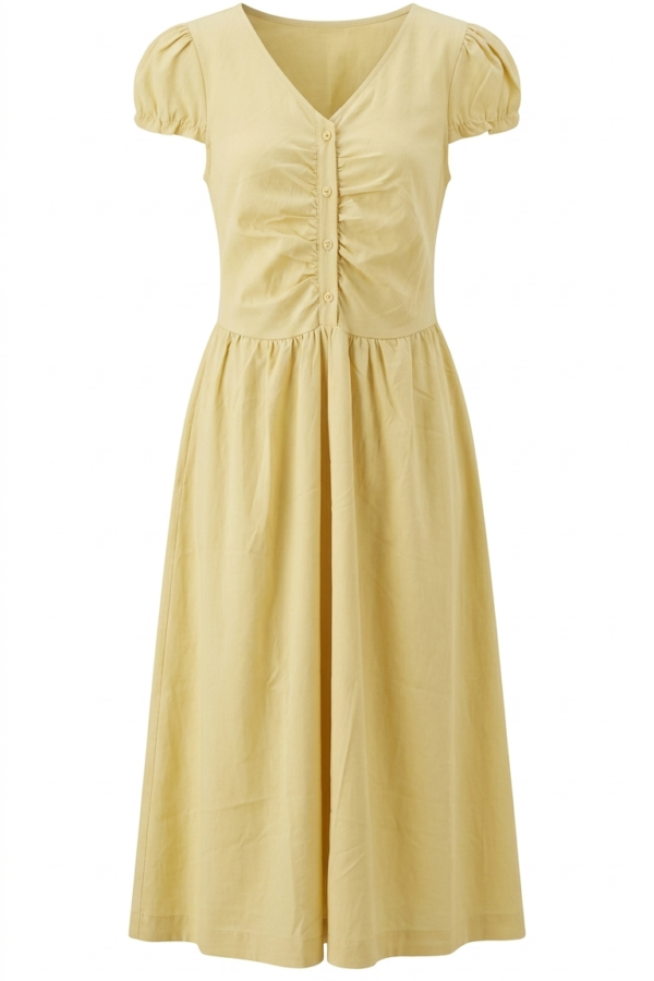 Women's Pastel Yellow A-Line Midi Dress with Bead Neckline Detail