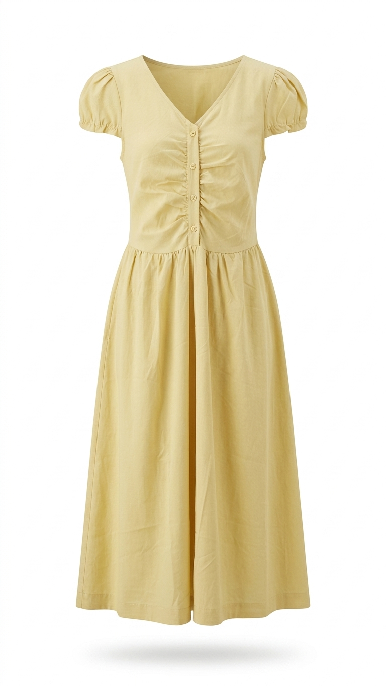 Women's Pastel Yellow A-Line Midi Dress with Bead Neckline Detail