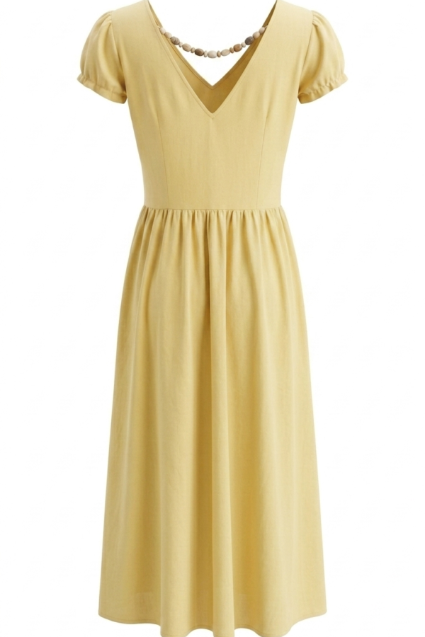 Women's Pastel Yellow A-Line Midi Dress with Bead Neckline Detail