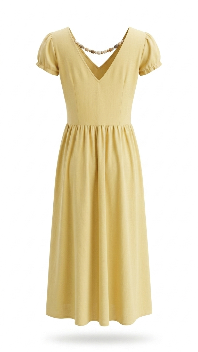Women's Pastel Yellow A-Line Midi Dress with Bead Neckline Detail - Image 2