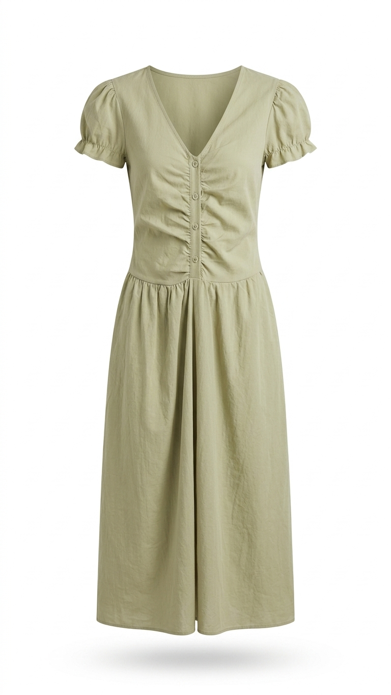 Women's Sage Green Ruched Button-Down Midi Dress