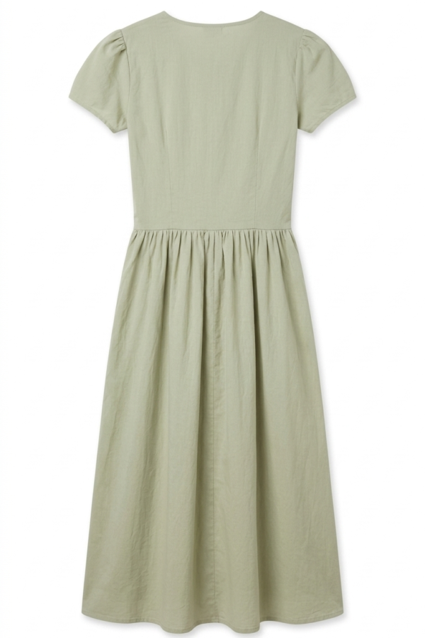Women's Sage Green Ruched Button-Down Midi Dress