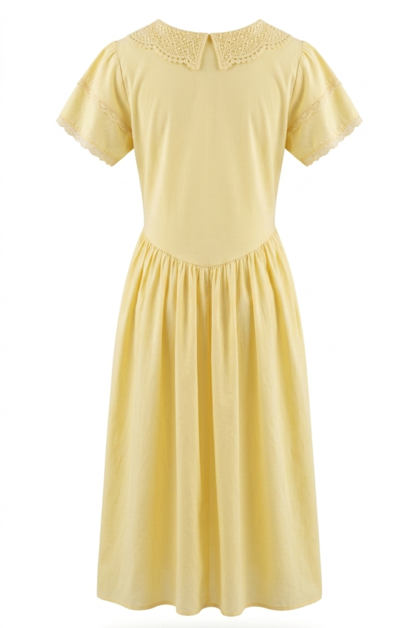 Women's Pastel Yellow Vintage-Style Lace Collar Midi Dress