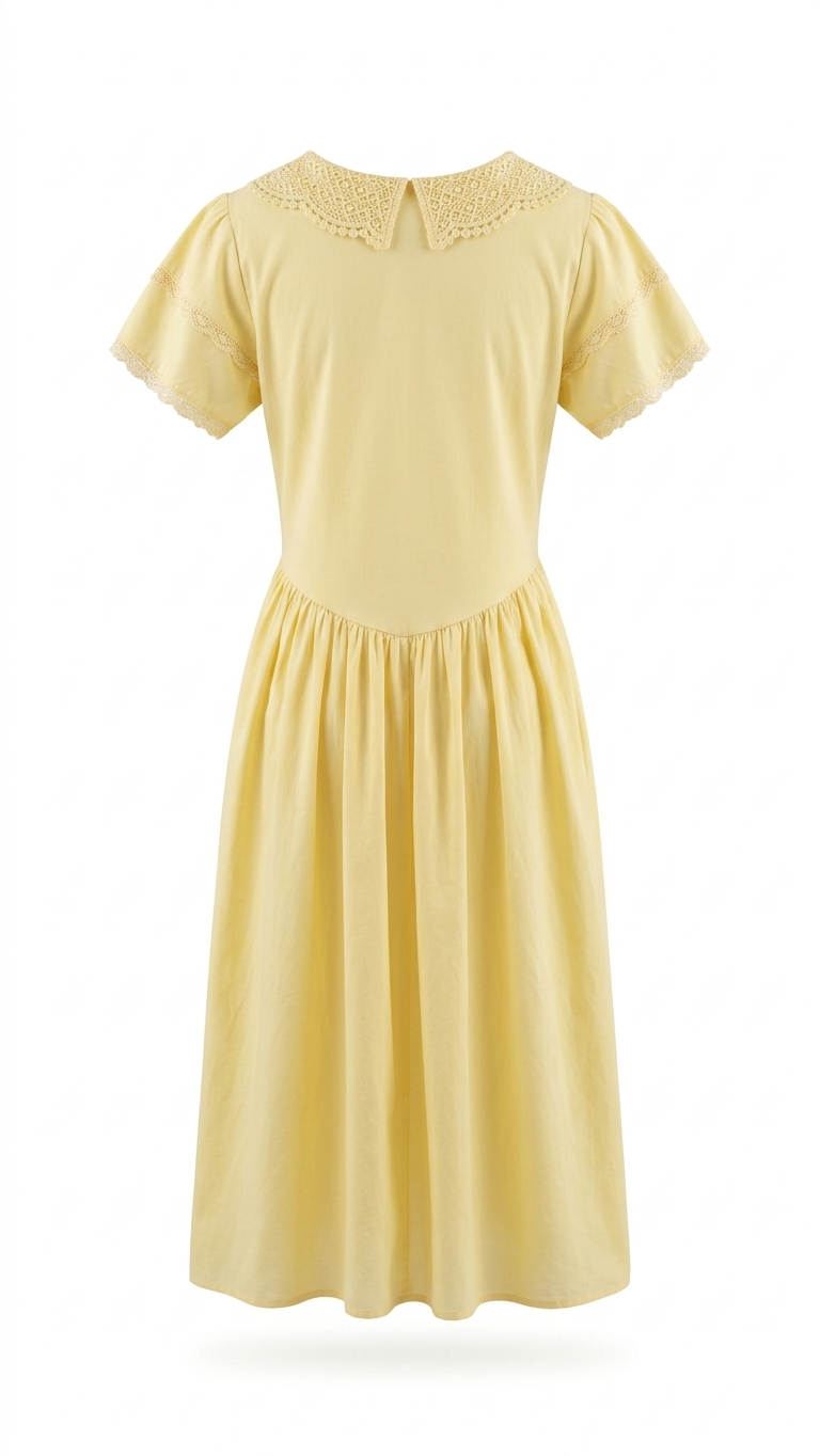 Women's Pastel Yellow Vintage-Style Lace Collar Midi Dress
