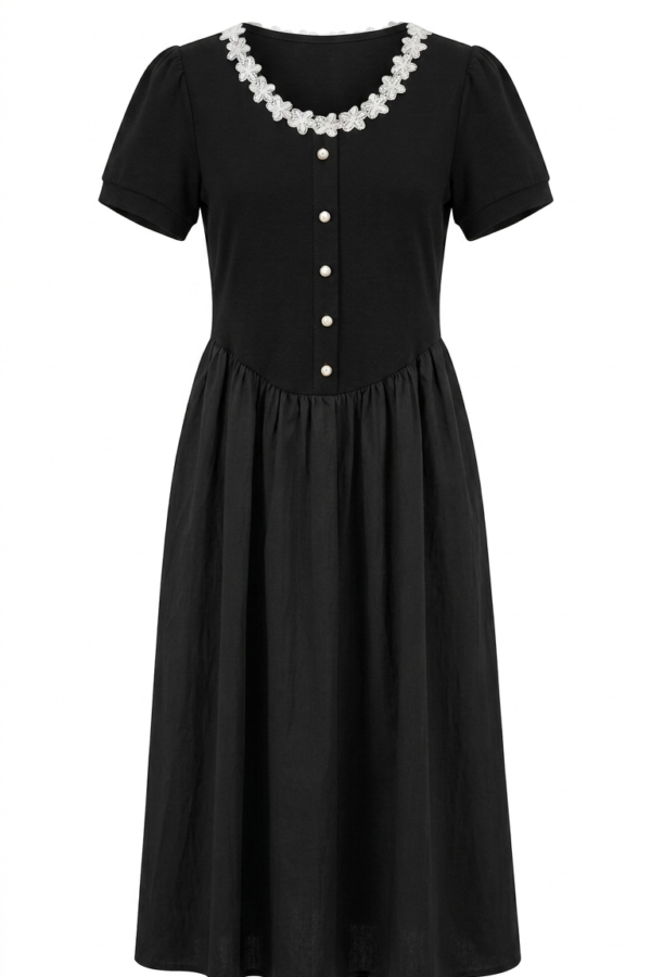 Women's Black Button-Down Midi Dress with Lace Collar Detail