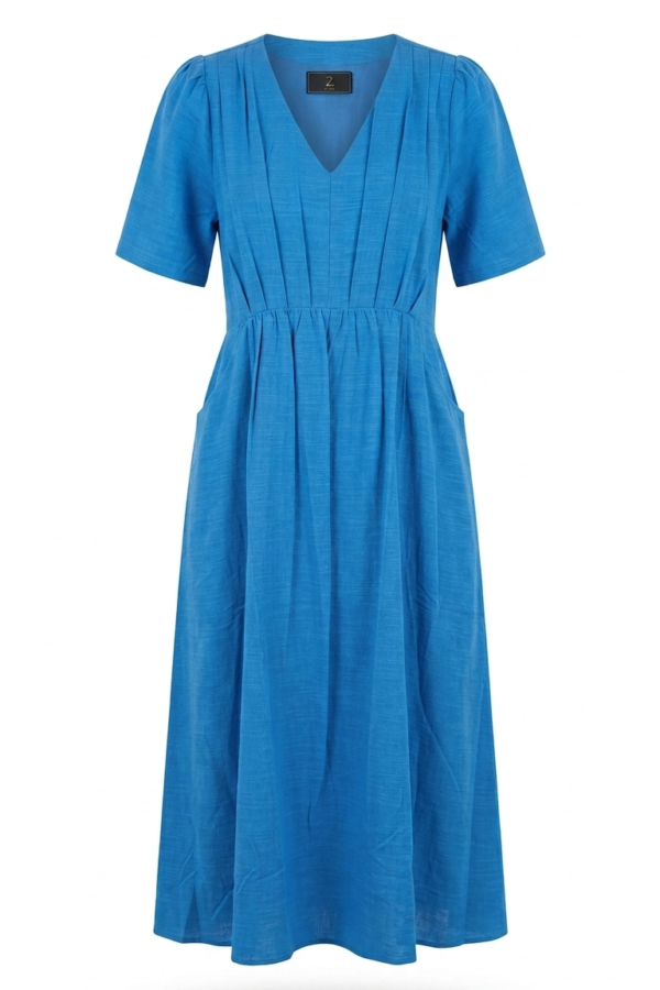 Women's Blue Pleated A-Line Midi Dress with Puff Sleeves