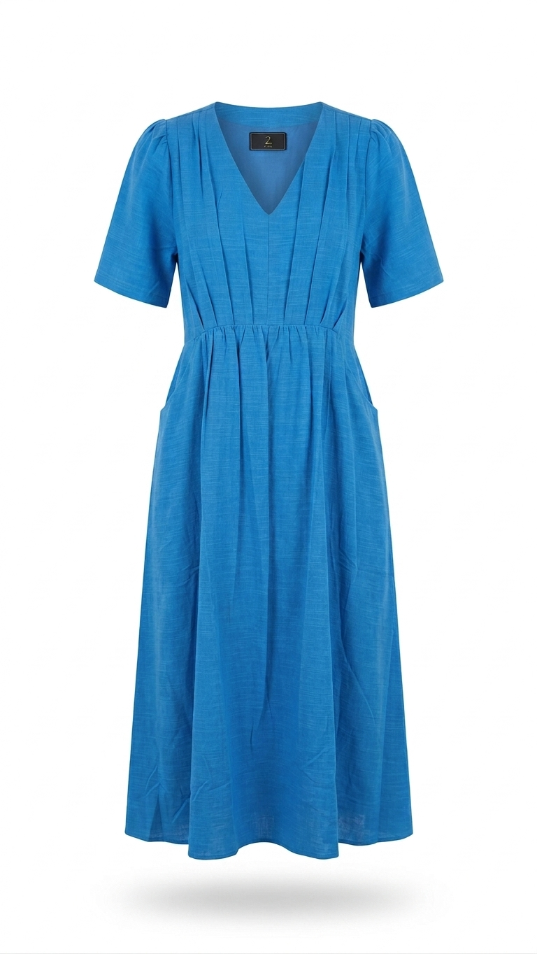 Women's Blue Pleated A-Line Midi Dress with Puff Sleeves