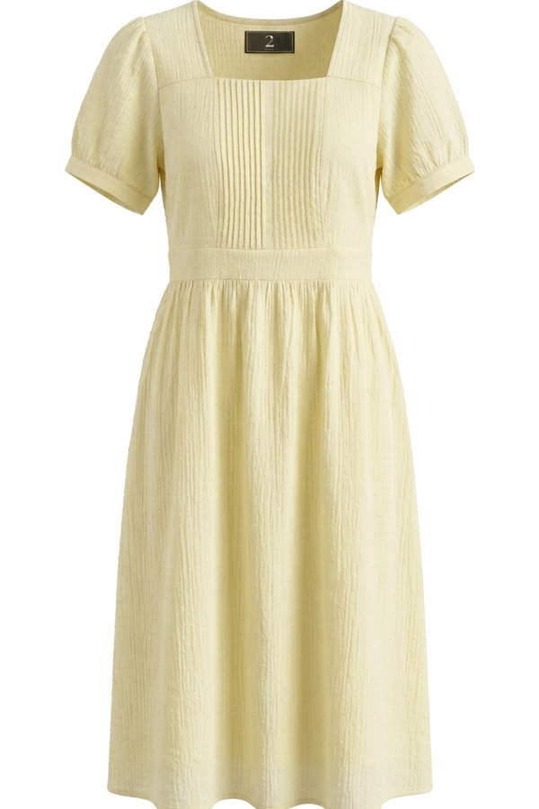 Women's Pale Yellow Pleated Square-Neck Midi Dress