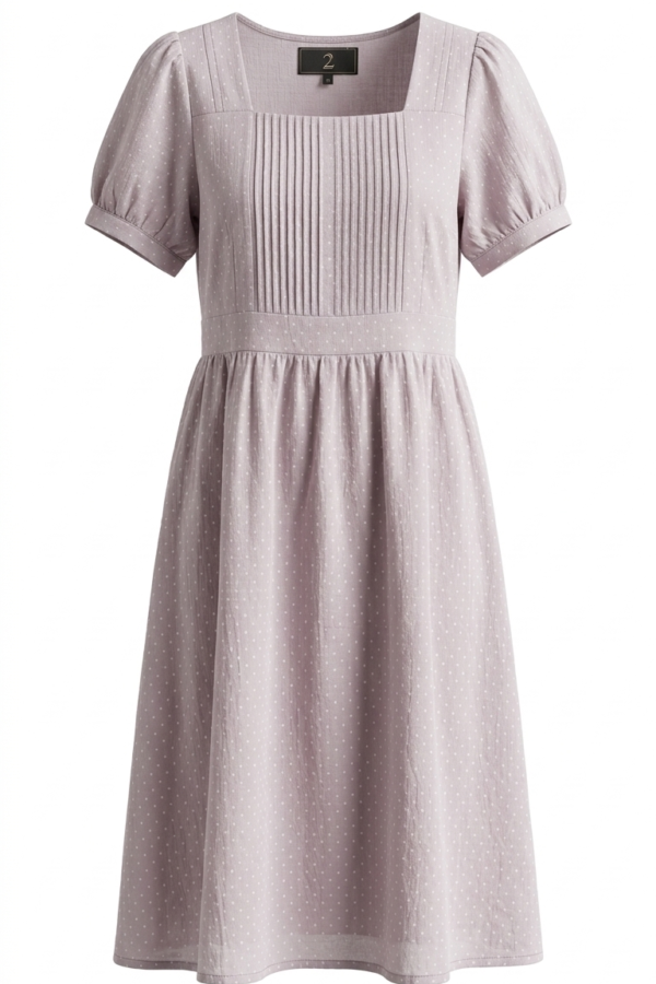 Women's Lavender Polka Dot Pleated Square-Neck Midi Dress