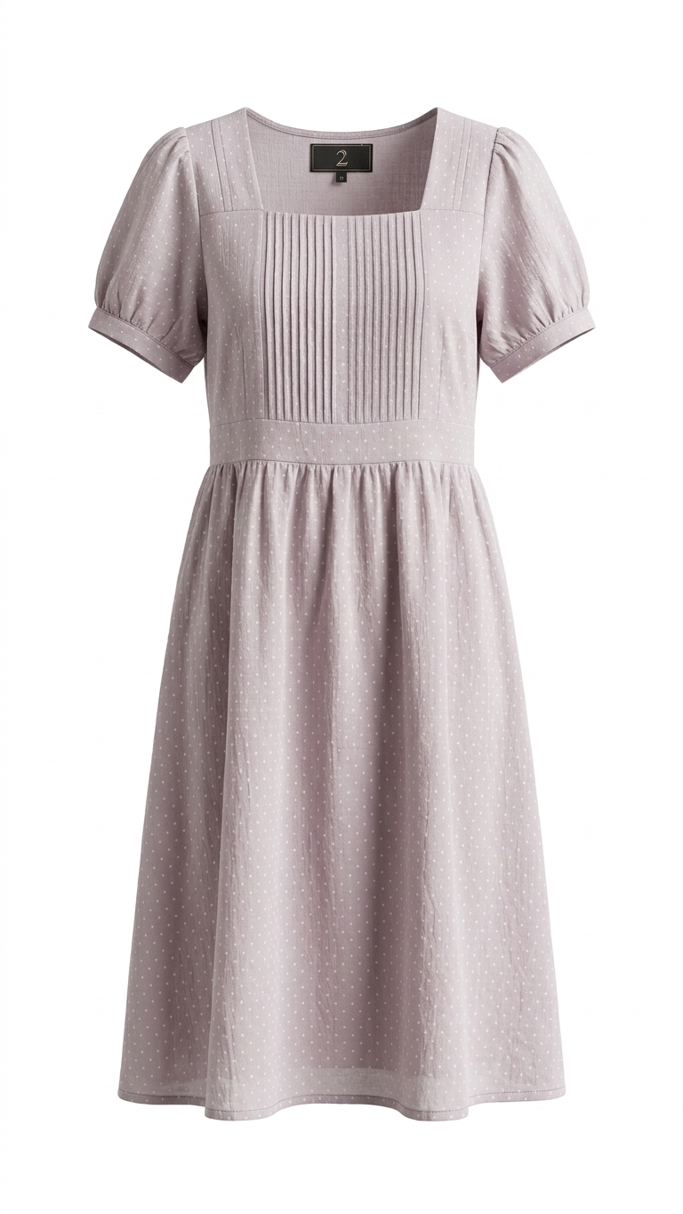 Women's Lavender Polka Dot Pleated Square-Neck Midi Dress