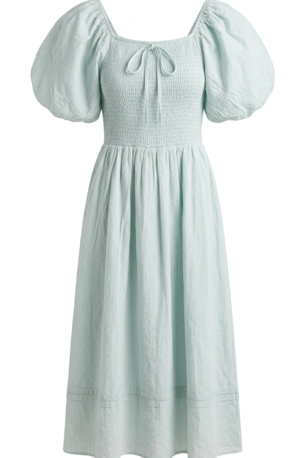 Women's Pastel Mint Smocked Puff-Sleeve Midi Dress