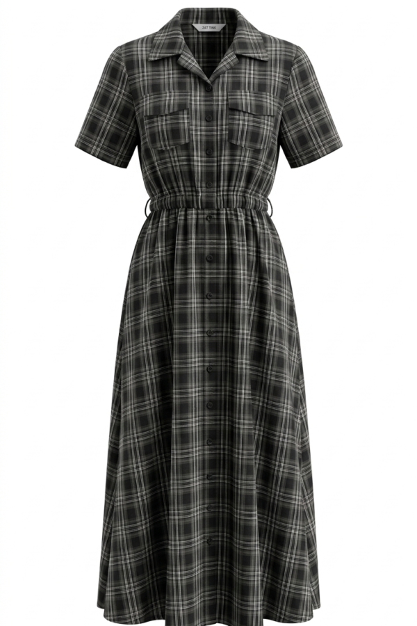 Women's Black and Grey Plaid Button-Down Shirt Dress