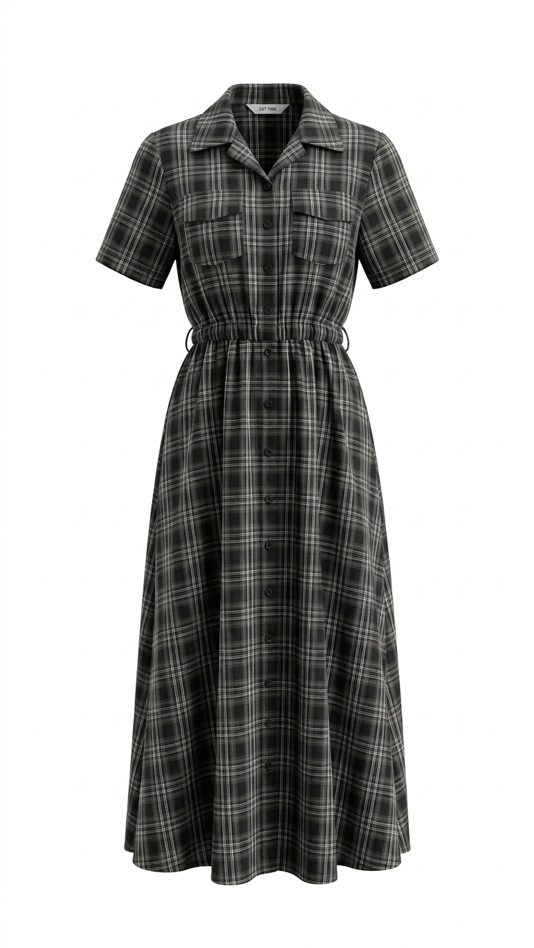 Women's Black and Grey Plaid Button-Down Shirt Dress