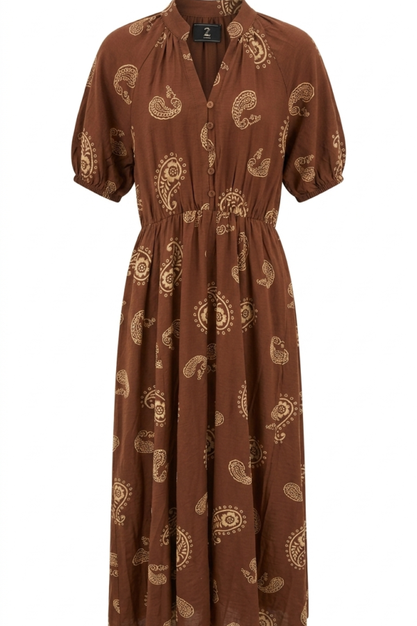 Women's Brown Paisley Printed Midi Dress with Mandarin Collar