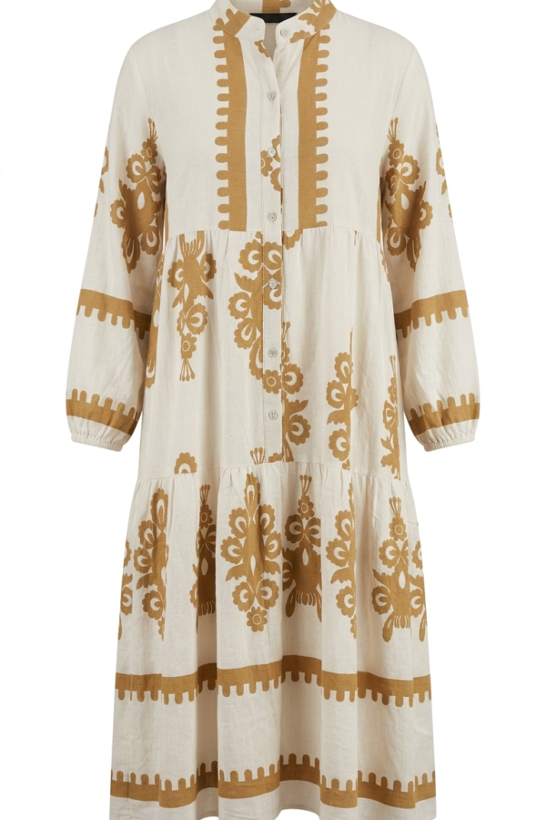 Women's Cream and Mustard Embroidered Tiered Midi Shirt Dress
