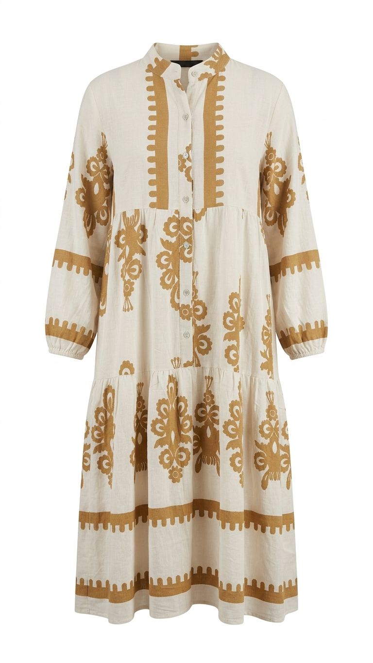 Women's Cream and Mustard Embroidered Tiered Midi Shirt Dress
