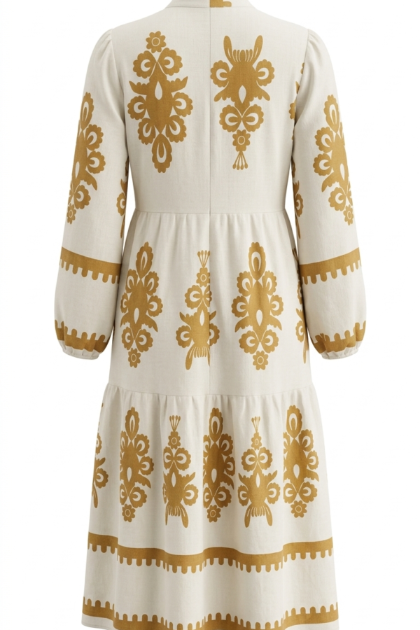 Women's Cream and Mustard Embroidered Tiered Midi Shirt Dress