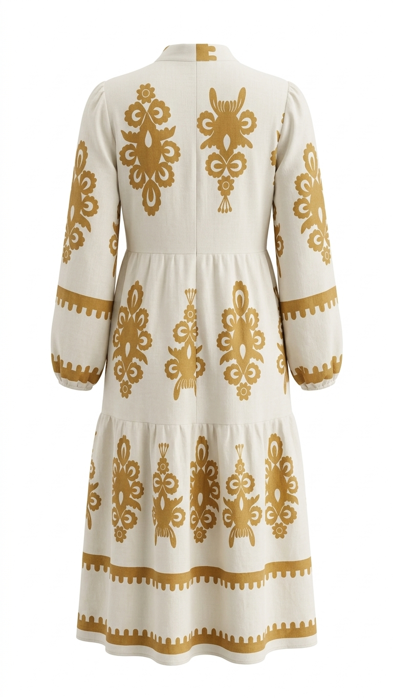 Women's Cream and Mustard Embroidered Tiered Midi Shirt Dress - Image 2