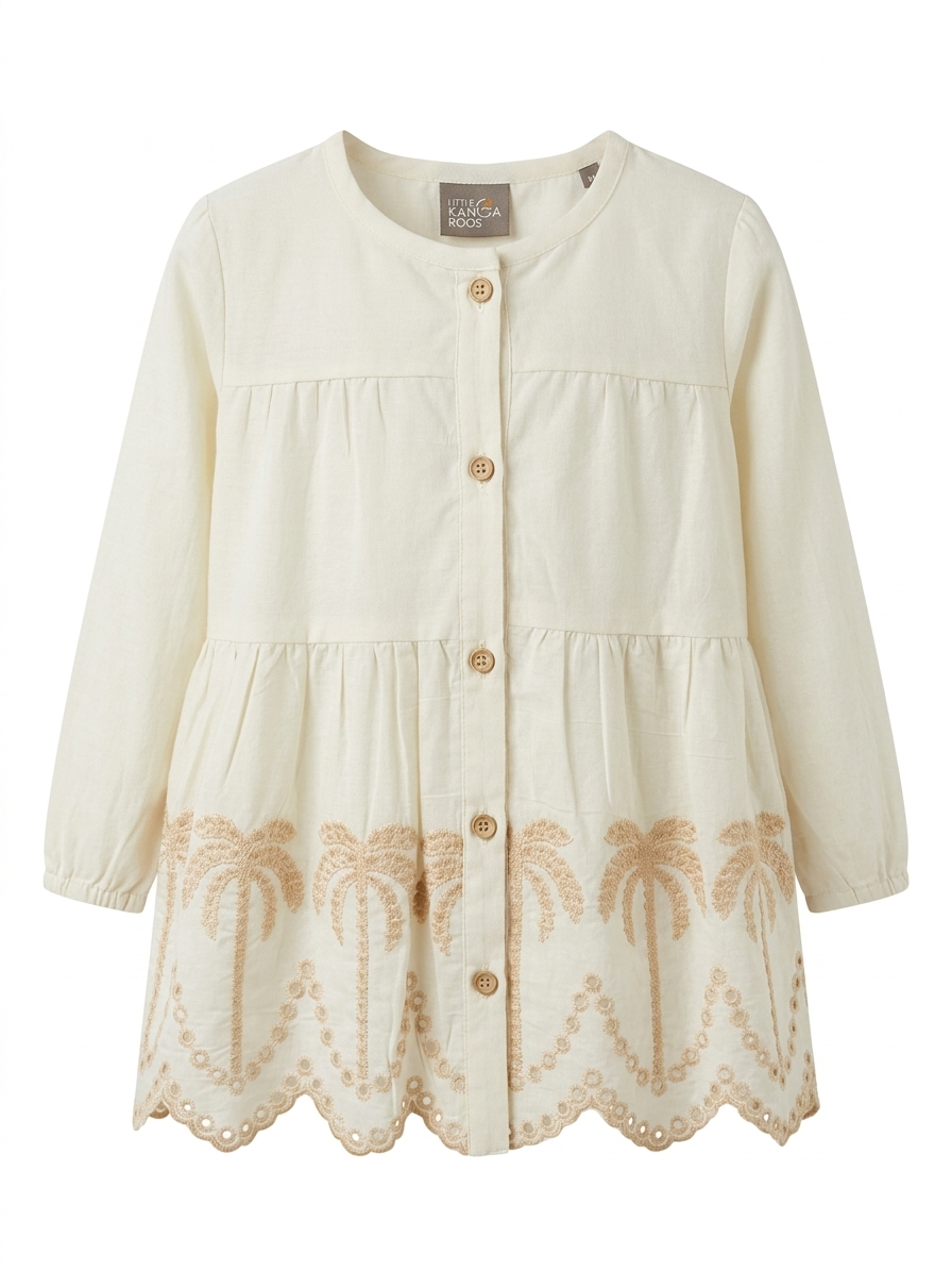 Girls Cream Palm Embroidery Dress - Image 2