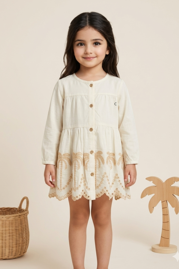 Girls Cream Palm Embroidery Dress