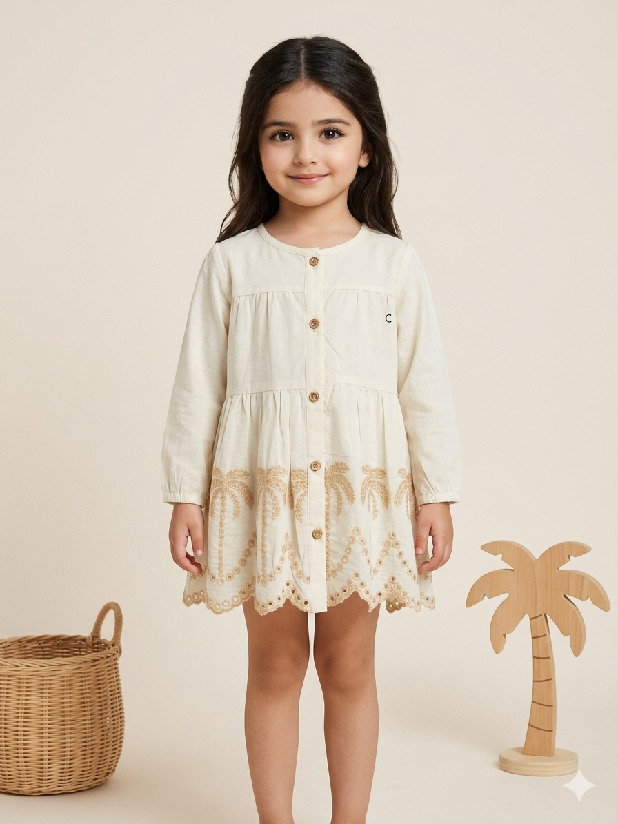 Girls Cream Palm Embroidery Dress