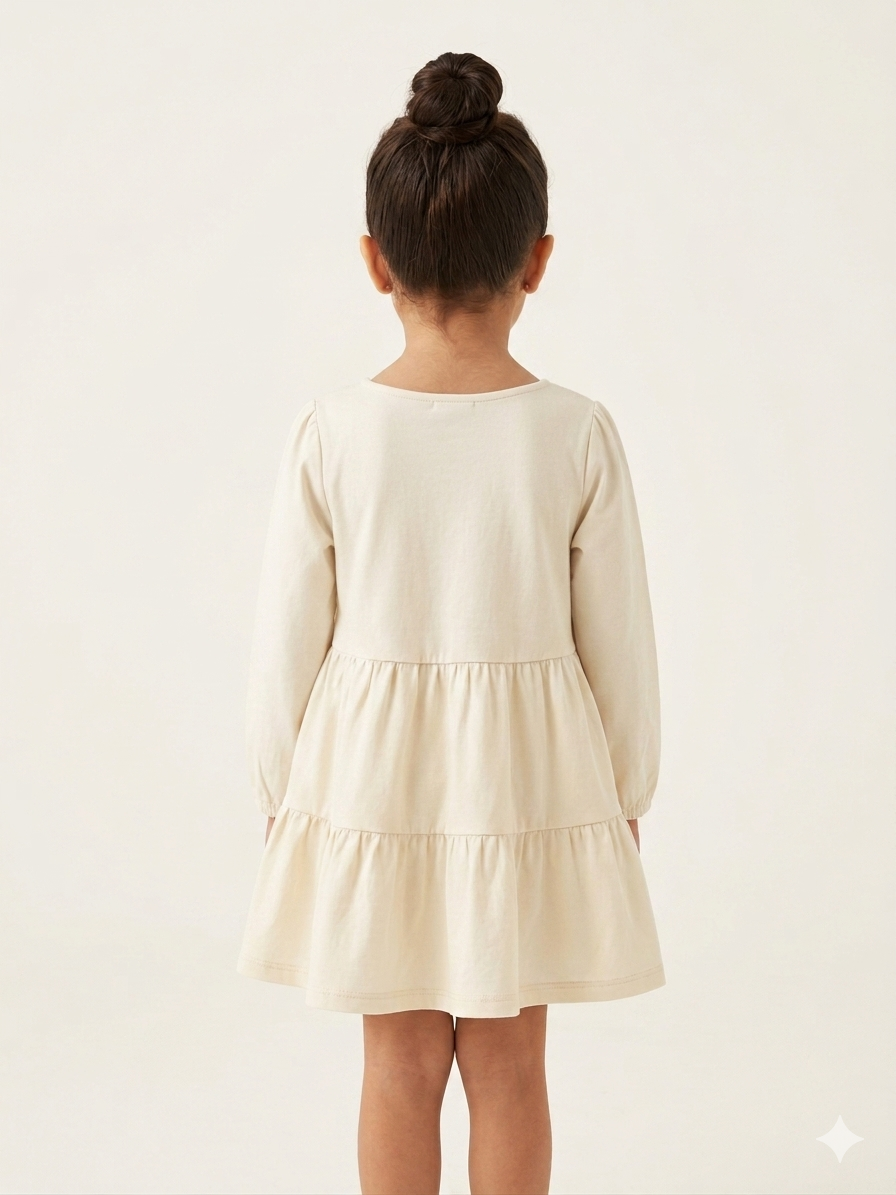 Girls Cream Palm Embroidery Dress - Image 4
