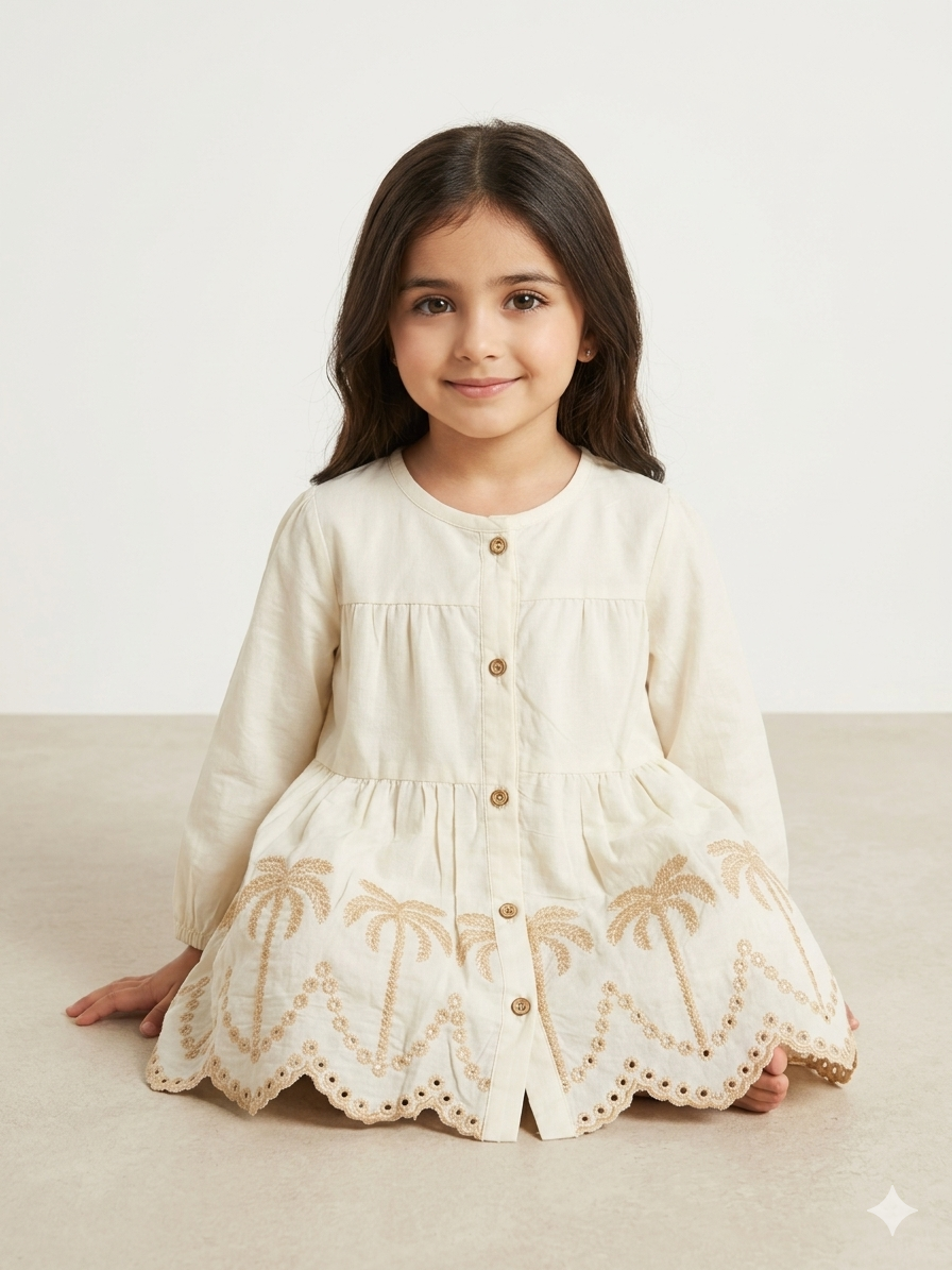 Girls Cream Palm Embroidery Dress - Image 5