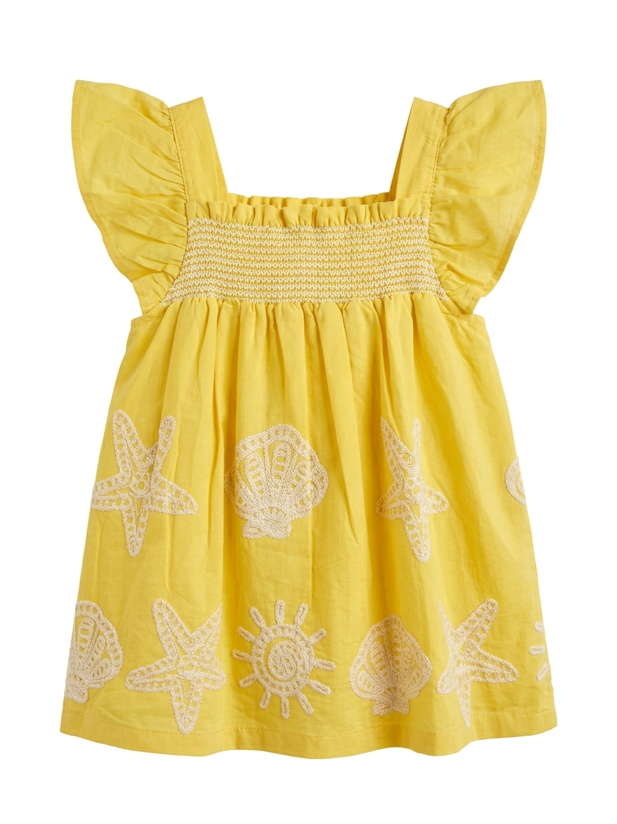 Girls Yellow Sea-Print Smocked Dress - Image 2