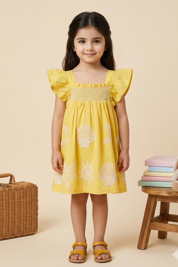 Girls Yellow Sea-Print Smocked Dress