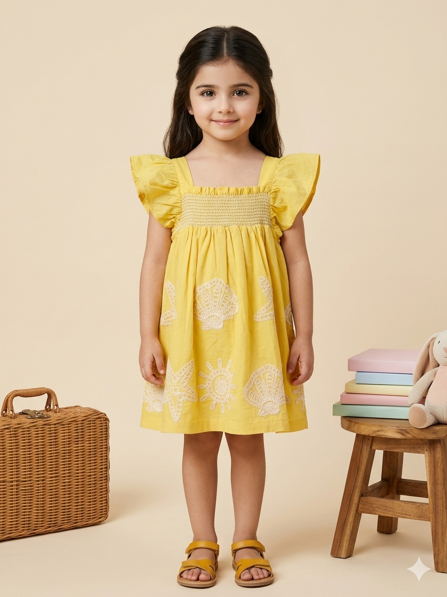 Girls Yellow Sea-Print Smocked Dress
