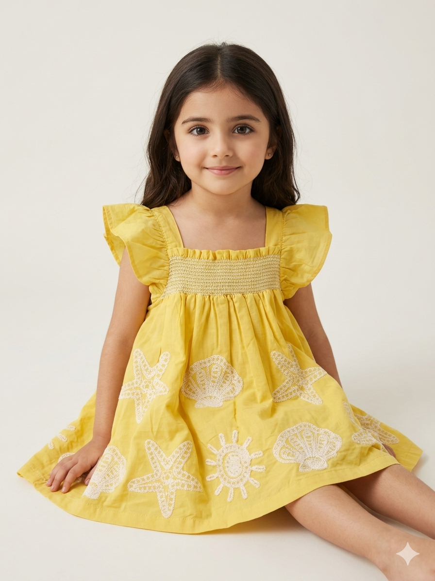 Girls Yellow Sea-Print Smocked Dress - Image 5