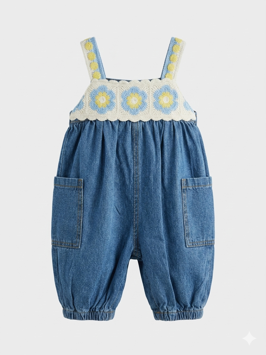 Girls Floral Crochet Denim Jumpsuit - Image 5