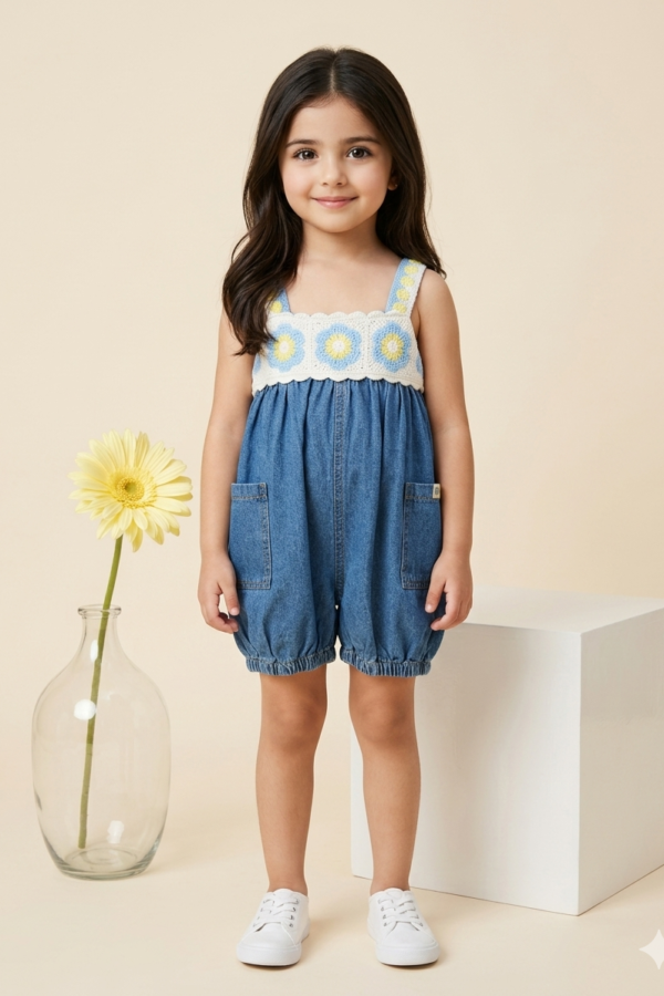 Girls Floral Crochet Denim Jumpsuit