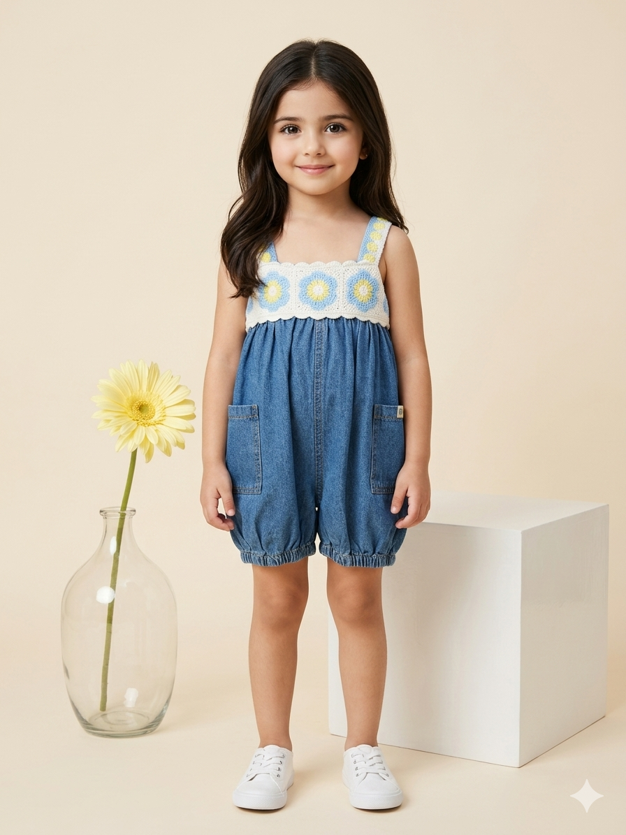 Girls Floral Crochet Denim Jumpsuit