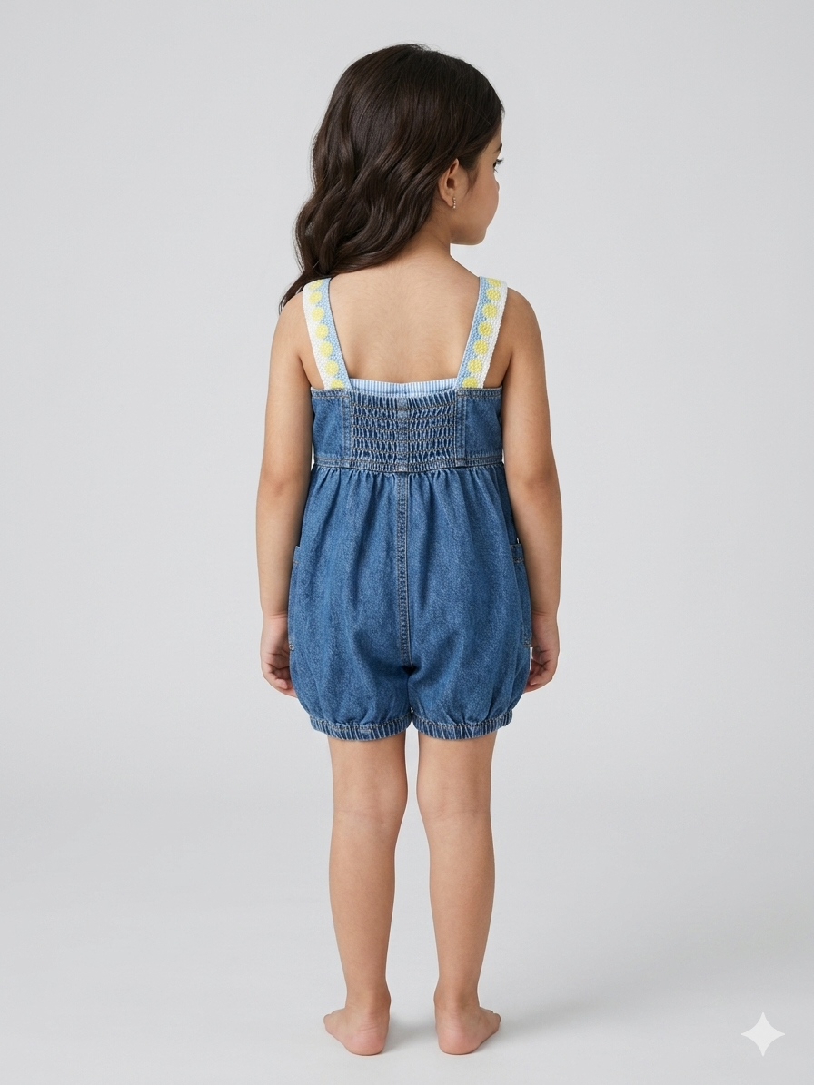 Girls Floral Crochet Denim Jumpsuit - Image 3