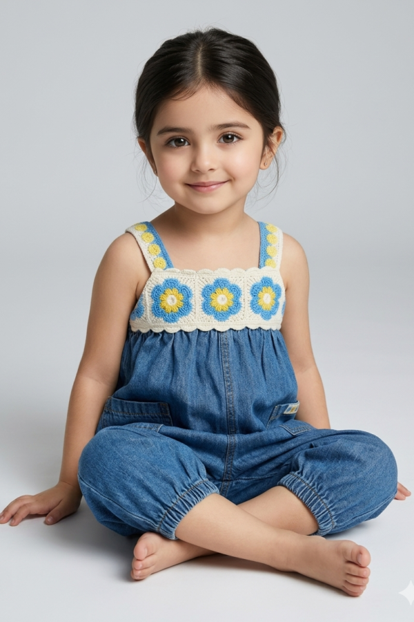 Girls Floral Crochet Denim Jumpsuit