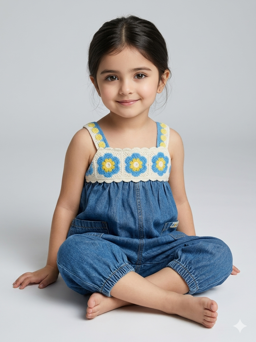 Girls Floral Crochet Denim Jumpsuit - Image 2