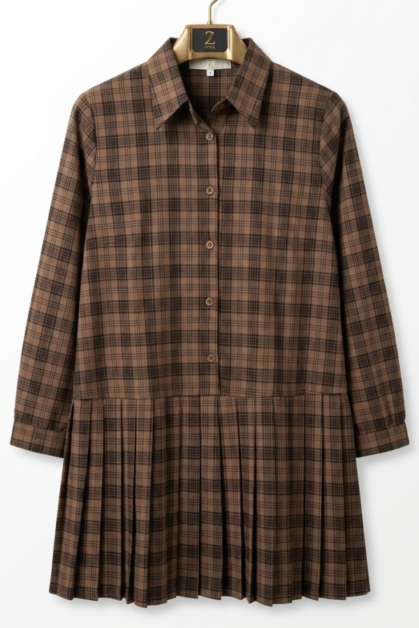 Brown Plaid Pleated Shirt Dress