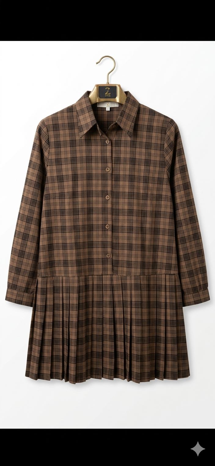 Brown Plaid Pleated Shirt Dress