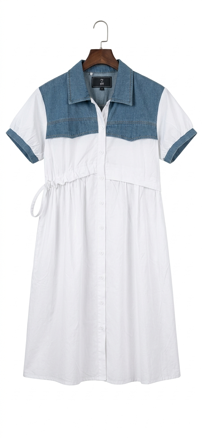 White Denim Patch Shirt Dress