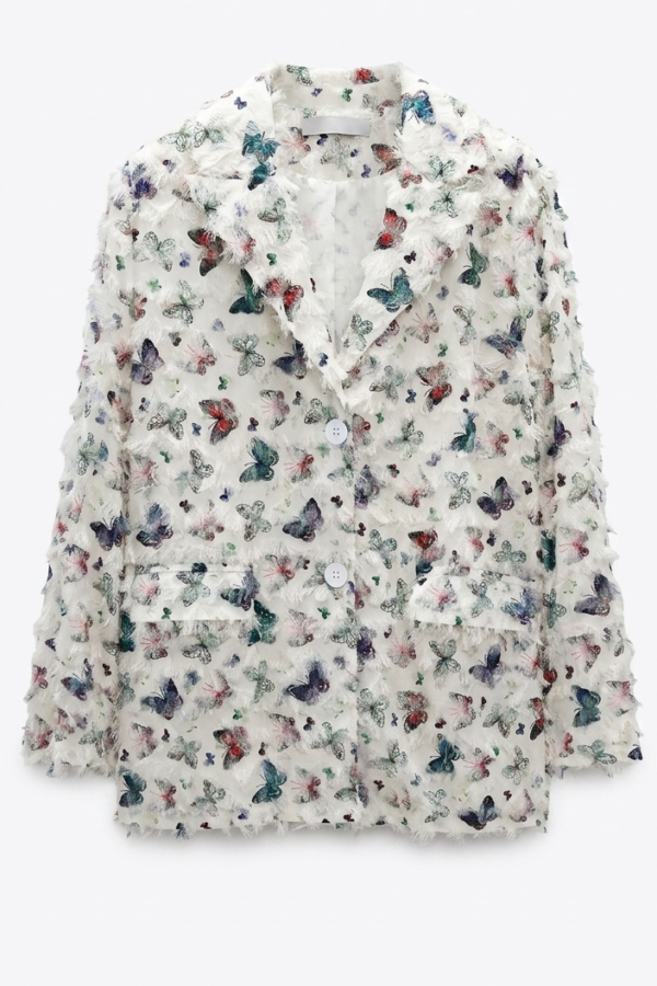 Butterfly Print Fringe Textured Blazer