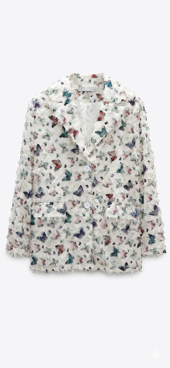 Butterfly Print Fringe Textured Blazer