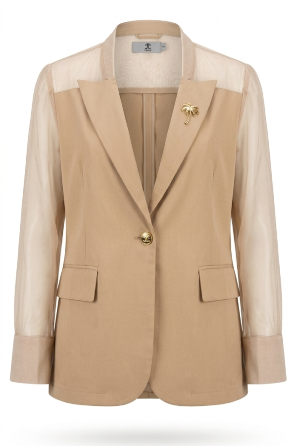 Beige Brown Sheer Sleeve Formal Blazer