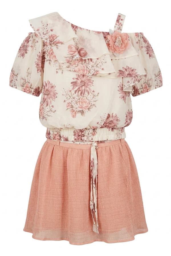 Floral Ruffled Cold-Shoulder Dress