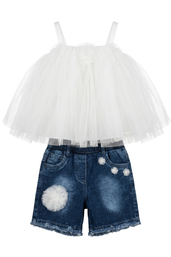 White Tulle Denim Shorts Set