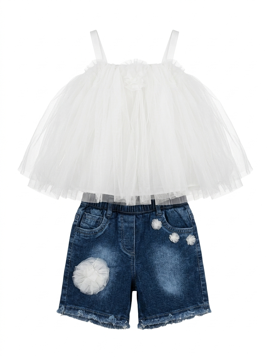 White Tulle Denim Shorts Set
